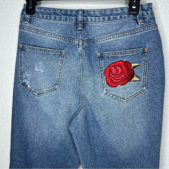 Misguided Blue Riot Embroidered Red Rose Distressed Mom Woman’s Jeans Sz 10 - Picture 6 of 12